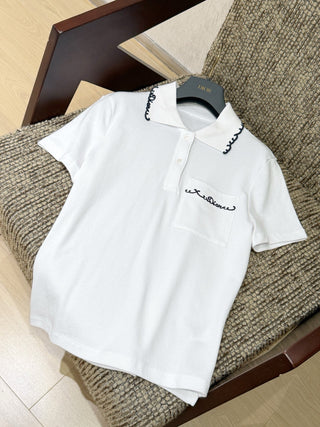 Dio*26 Newest Embroidered Letter White Polo Shirt with Short Sleeves