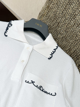 Dio*26 Newest Embroidered Letter White Polo Shirt with Short Sleeves