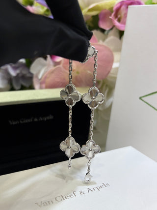 Van Cleef & Arpels White Gold Laser-Engraved Four-Leaf Clover Multi-Chain Bracelet