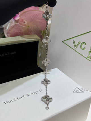 Van Cleef & Arpels White Gold Laser-Engraved Four-Leaf Clover Multi-Chain Bracelet
