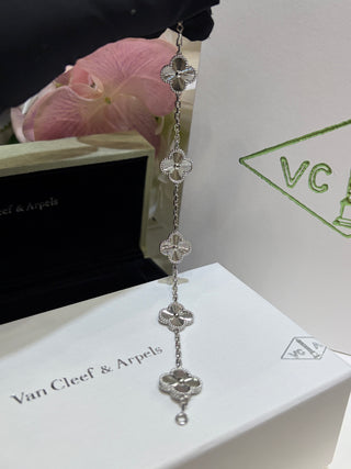 Van Cleef & Arpels White Gold Laser-Engraved Four-Leaf Clover Multi-Chain Bracelet