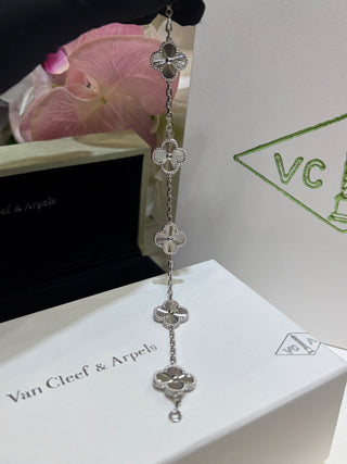 Van Cleef & Arpels White Gold Laser-Engraved Four-Leaf Clover Multi-Chain Bracelet