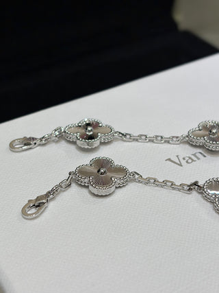 Van Cleef & Arpels White Gold Laser-Engraved Four-Leaf Clover Multi-Chain Bracelet