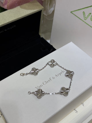 Van Cleef & Arpels White Gold Laser-Engraved Four-Leaf Clover Multi-Chain Bracelet