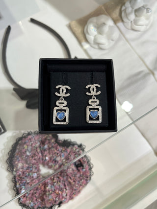 𝑪𝒉𝒂𝒏𝒆 * 25P New Model Blue Heart with Silver Accents and Full Diamonds – Double C Perfume Bottle Earrings