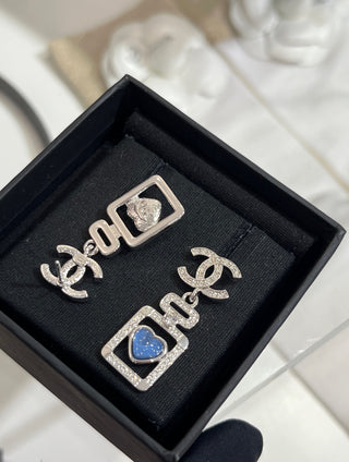 𝑪𝒉𝒂𝒏𝒆 * 25P New Model Blue Heart with Silver Accents and Full Diamonds – Double C Perfume Bottle Earrings