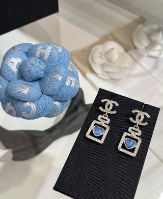 𝑪𝒉𝒂𝒏𝒆 * 25P New Model Blue Heart with Silver Accents and Full Diamonds – Double C Perfume Bottle Earrings