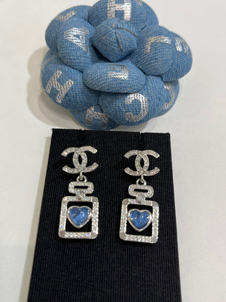 𝑪𝒉𝒂𝒏𝒆 * 25P New Model Blue Heart with Silver Accents and Full Diamonds – Double C Perfume Bottle Earrings