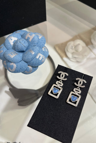 𝑪𝒉𝒂𝒏𝒆 * 25P New Model Blue Heart with Silver Accents and Full Diamonds – Double C Perfume Bottle Earrings