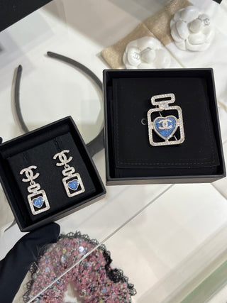 𝑪𝒉𝒂𝒏𝒆 * 25P New Model Blue Heart with Silver Accents and Full Diamonds – Double C Perfume Bottle Earrings