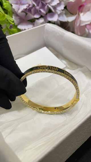 𝐃𝐢𝐨 * New Night Code Black Enamel Gold-Plated Letter Accented Bangle