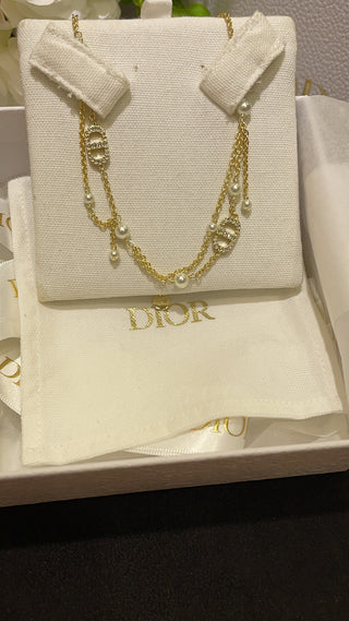 𝐃𝐢𝐨 * New Petit CD Pearl and Diamond-Studded CD Double-Layer Fringe Gold Necklace.