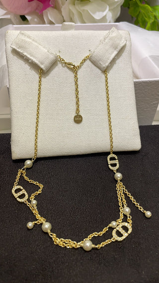 𝐃𝐢𝐨 * New Petit CD Pearl and Diamond-Studded CD Double-Layer Fringe Gold Necklace.