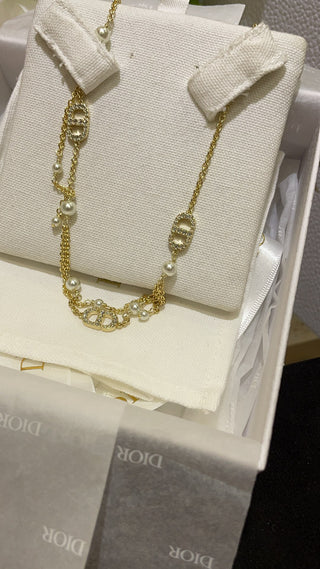 𝐃𝐢𝐨 * New Petit CD Pearl and Diamond-Studded CD Double-Layer Fringe Gold Necklace.