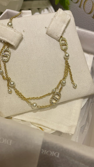 𝐃𝐢𝐨 * New Petit CD Pearl and Diamond-Studded CD Double-Layer Fringe Gold Necklace.