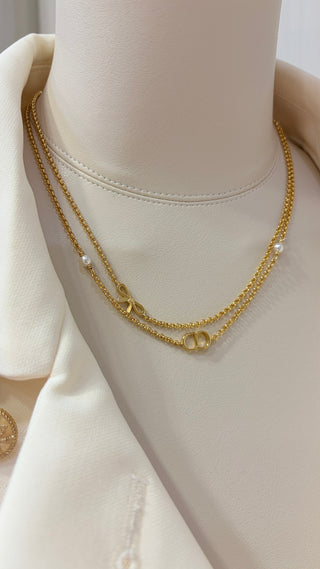 𝐃𝐢𝐨 * New 26ss model: Gold Floral Bow CD Pearl Double-Layer Necklace.