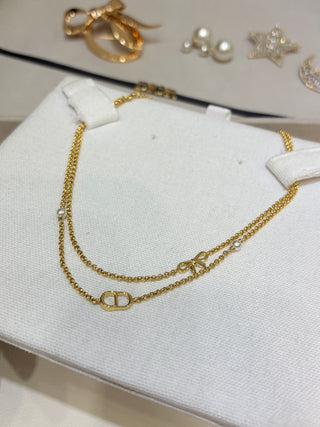 𝐃𝐢𝐨 * New 26ss model: Gold Floral Bow CD Pearl Double-Layer Necklace.