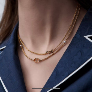 𝐃𝐢𝐨 * New 26ss model: Gold Floral Bow CD Pearl Double-Layer Necklace.