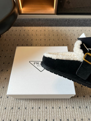 Prad*26ss Early Autumn New Collection of Lamb Fur Headband Birkenstock Shoes.