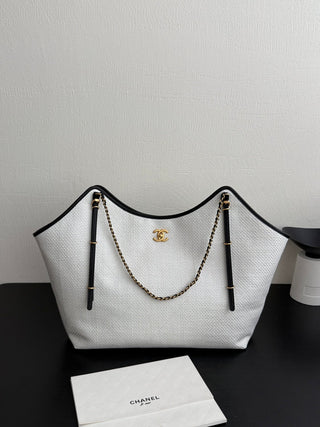 CHANEL 26c Raphia Woven Tote Bag, White, Large