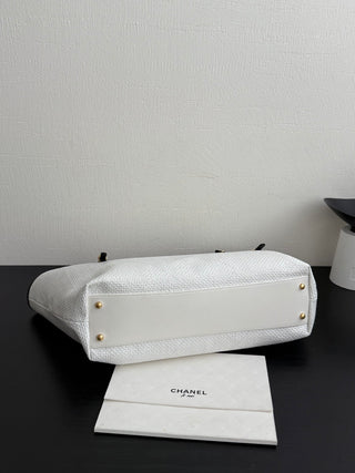 CHANEL 26c Raphia Woven Tote Bag, White, Large