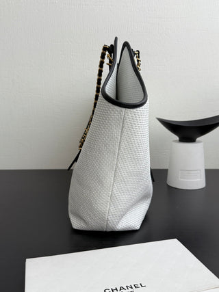 CHANEL 26c Raphia Woven Tote Bag, White, Large