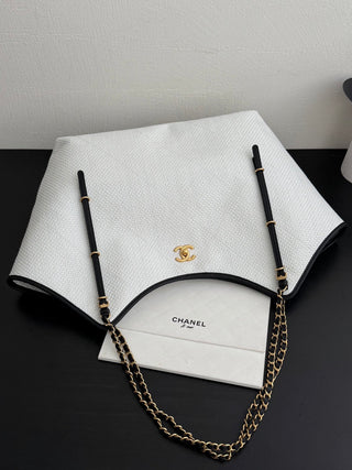 CHANEL 26c Raphia Woven Tote Bag, White, Large