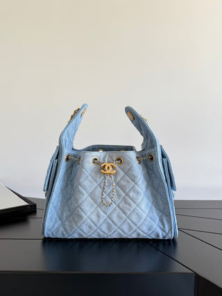 CHANEL 25S 25bag Denim Light Blue Denim Drawstring Bucket Hobo Small Size