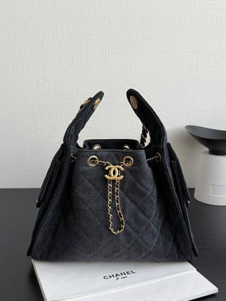 CHANEL 25S 25bag Denim Black Denim Drawstring Bucket Hobo Small Size