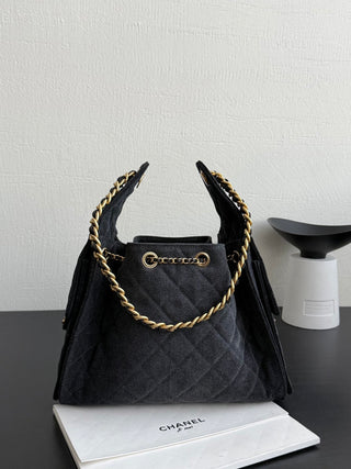 CHANEL 25S 25bag Denim Black Denim Drawstring Bucket Hobo Small Size