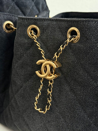 CHANEL 25S 25bag Denim Black Denim Drawstring Bucket Hobo Small Size
