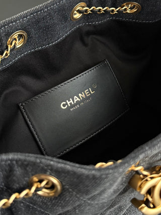 CHANEL 25S 25bag Denim Black Denim Drawstring Bucket Hobo Small Size