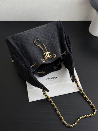 CHANEL 25S 25bag Denim Black Denim Drawstring Bucket Hobo Small Size