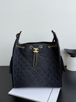 CHANEL 25S 25bag Denim Black Denim Drawstring Bucket Hobo Medium Size