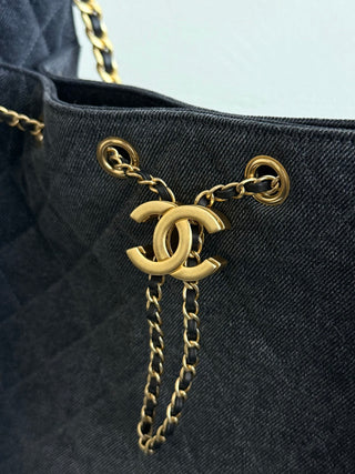 CHANEL 25S 25bag Denim Black Denim Drawstring Bucket Hobo Medium Size