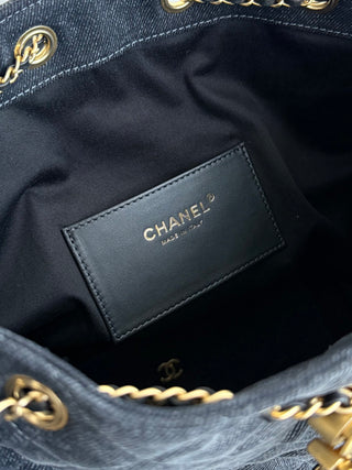 CHANEL 25S 25bag Denim Black Denim Drawstring Bucket Hobo Medium Size