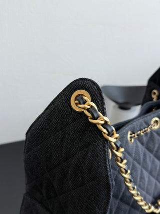 CHANEL 25S 25bag Denim Black Denim Drawstring Bucket Hobo Medium Size
