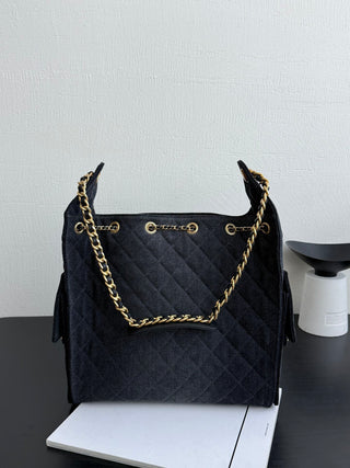 CHANEL 25S 25bag Denim Black Denim Drawstring Bucket Hobo Medium Size