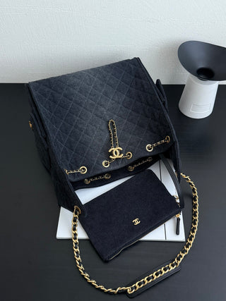 CHANEL 25S 25bag Denim Black Denim Drawstring Bucket Hobo Medium Size