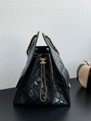 CHANEL 25C drawstring bucket hobo, black, large size.