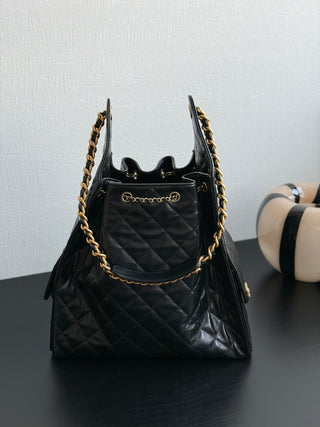 CHANEL 25C drawstring bucket hobo, black, large size.
