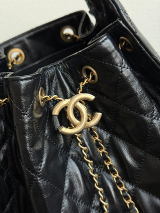 CHANEL 25C drawstring bucket hobo, black, large size.
