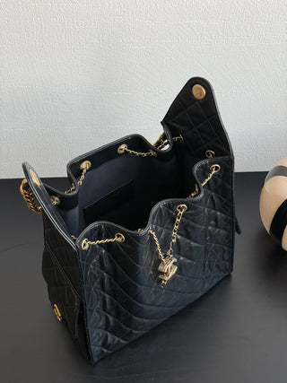 CHANEL 25C drawstring bucket hobo, black, large size.