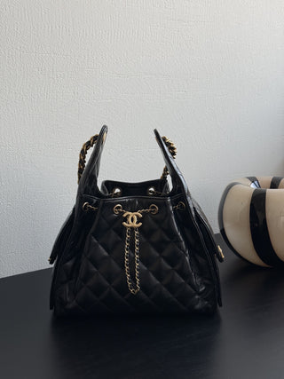 CHANEL 25C drawstring bucket hobo, black, small size.