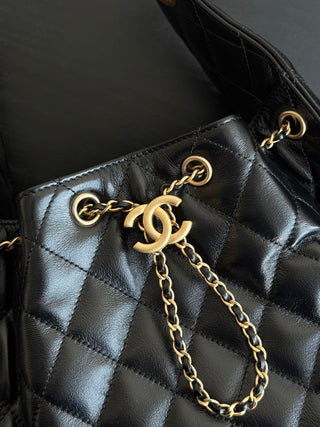 CHANEL 25C drawstring bucket hobo, black, small size.