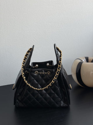 CHANEL 25C drawstring bucket hobo, black, small size.